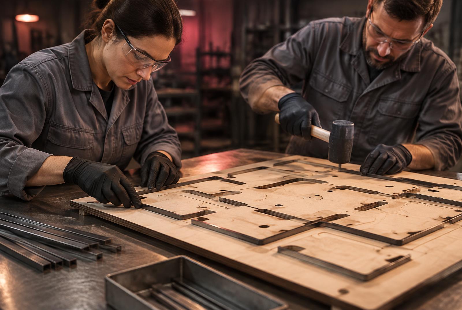 Dos técnicos instalando plecas de corte en un dado plano de madera
